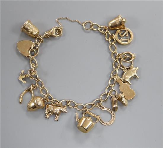 A 9ct gold charm bracelet, hung with fourteen assorted charms, including pan, bell and thimble.